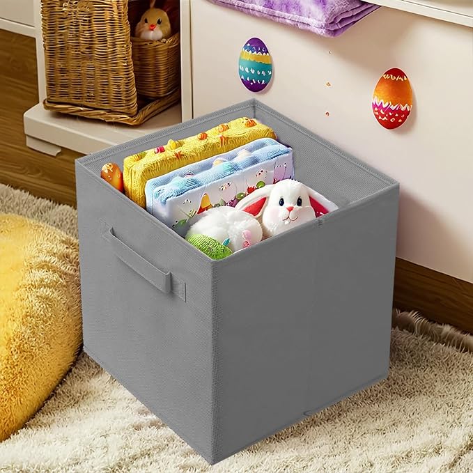 PowerKing Collapsible Storage Cubes with Handles, Fabric Foldable Bins for Closet Shelves, Durable Organization Storage Bins, 10.5'' x 11'' x 10.5'', 6 Pack, Light Grey