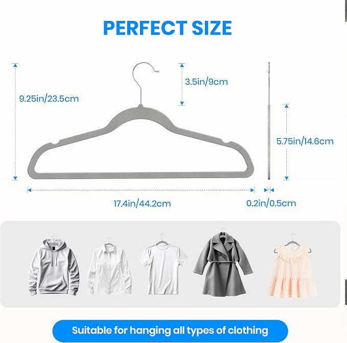 YSSOA Velvet Hangers 50 Pack, Non-Slip Clothes Hangers with Shoulder Notches, 360° Swivel Hooks, Heavy Duty Standard Hanger for Closet Space Saving, Grey