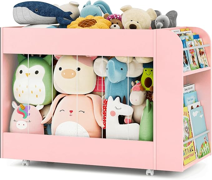 Kids Toy Storage Organizer with Drawing Chalkboard, Toy Storage Box with Stuffed Animal Storage and 2-Tier Kids Bookshelf, Toy Organizer Chest with 360° Wheels for Playroom, Nursery, Bedroom, Pink