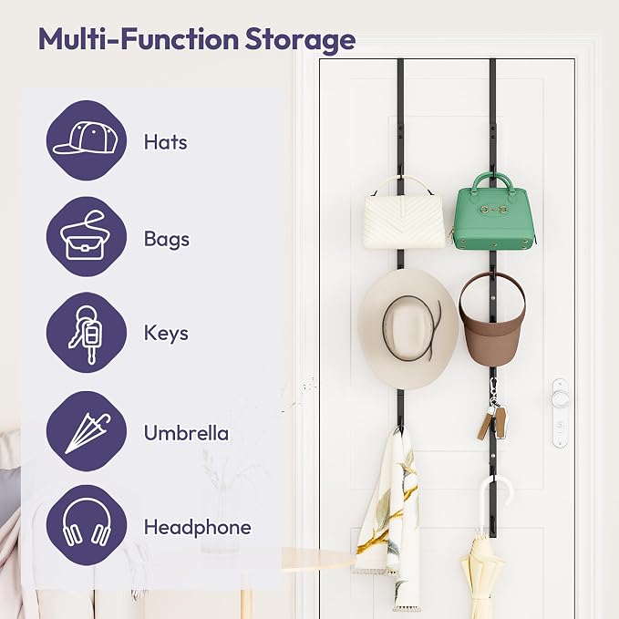 SWTYMIKI Over The Door Purse Organizer - 2 Packs Wall Mounted Purse Rack with 8 Hooks Design, Hanging Handbag Organizer Storage Holds up to 16 Bags, Bag Rack for Closet, Door (Black)