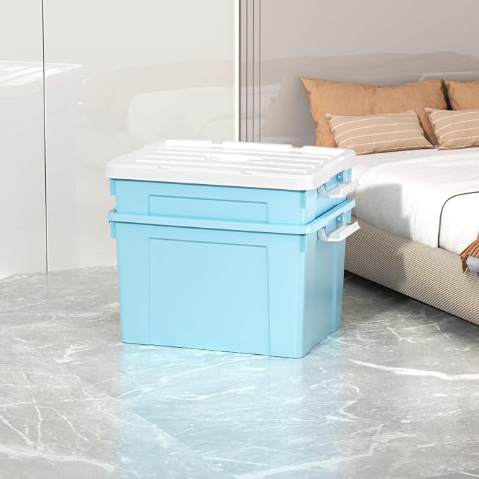 Cetomo Lidded Storage Bin with Handle, Tote Organizing Container with Durable Lid and Secure Latching Buckles, Stackable and Nestable, Plastic, 50 Quart-3 Pack, Blue