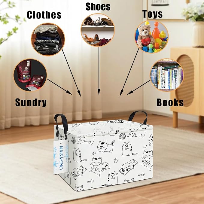 Rectangular Collapsible Cat Storage Basket Nursery Toy Organizer | Storage Bin Foldable Canvas with Handles for Organizing Home Kitchen Children Toys Office Closet Shelf Baskets