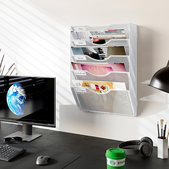PAG Hanging Wall File Holder, 5 Tier Mail Sorter for Wall, Mesh Office Wall Organizer For Papers/Folders/Files Clipboard & Magazine, White
