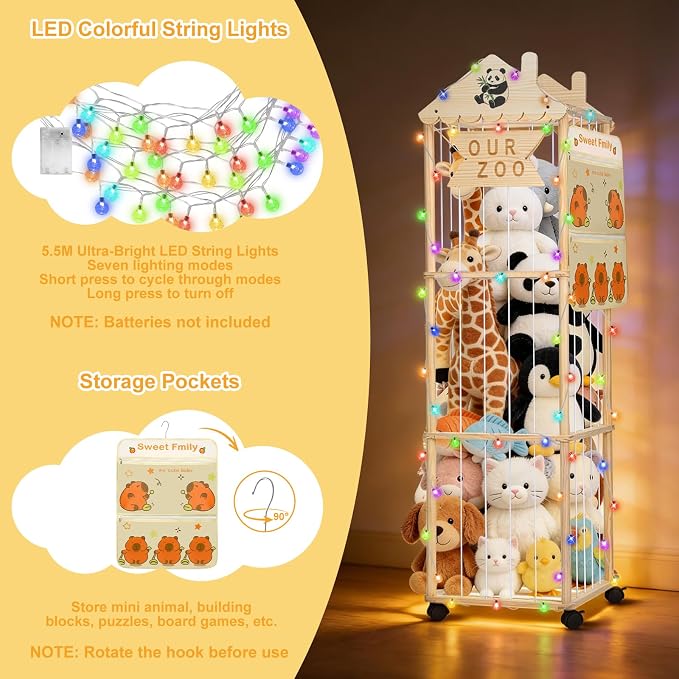 KITHELP Stuffed Animal Storage, Extra Large Stuffed Animal Organizer with Wheels, Wooden Tall Animal Zoo Display, Plushies Toy Holder with Lights and Pockets for Nursery, Playroom, Bedroom