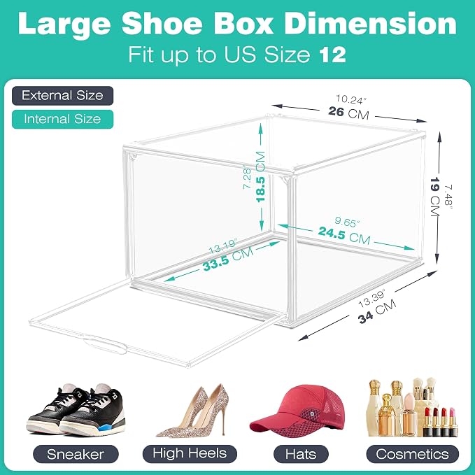 12 Pack Drop-Front Clear Shoe Boxes Acrylic Box Sneaker Boxes Size 12, Stackable Shoe Display Cases with Magnetic Door Storage Bins for Sneaker Containers Boot Figure Display