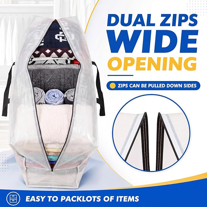 Windyun 4 Pack 98 Gallon Extra Large Moving Bags XXL Heavy Duty Storage Bag with Strong Zipper Handle Jumbo Big Tote Box Foldable for College Dorm Travel Clothes Duffle Blanket Pillow(Transparent)