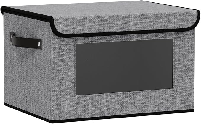 Fabric Storage Bin with Lid,10.2x7.8x6.7In,Gray Box,1Pack | Foldable Shelf Baskets with Handles,Storage Boxes with Transparent Window,Closet Container for Bedroom,Clothes Organizer