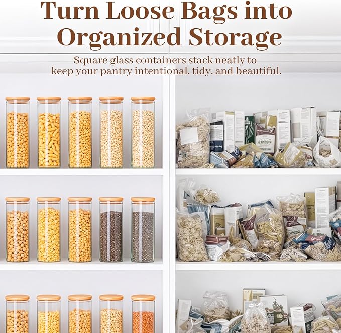 77L Stackable Glass Food Storage Containers with Lids [Set of 8 ], Airtight Glass Canister for Kitchen & Pantry Organization, Clear Borosilicate Jars for Pasta, Cereal, Flour, Sugar, Nuts