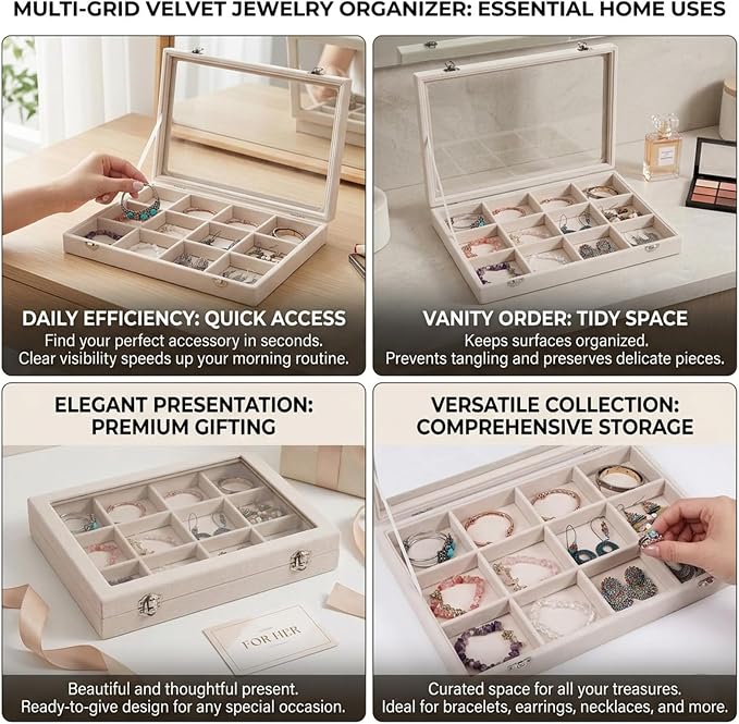Stratalife Jewelry Organizer Bracelet Organizer Storage Box 12 Grid Stackable Jewelry Tray with Lid Velvet Jewelry Box for Drawer Necklace Bracelet Display Storage Organizer Box (Beige)