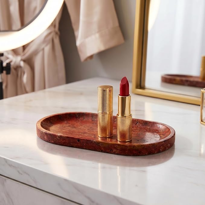 YKAJO Red Travertine Oval Marble Tray, 9.8x4.7 Vanity Perfume Organizer | Honed natural stone; jewelry & trinket dish, ring & key holder, soap & candle catchall; bath counter, dresser, coffee table