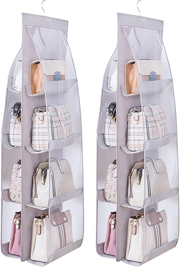 MURRI&MURRDI 2 Packs Hanging Handbag Organizer for Closet, Purse Storage Holder with 8 Easy Access Clear PVC Pockets, Womens Purse Hanger Bag for Wardrobe Door Wall Space Saving, Gray