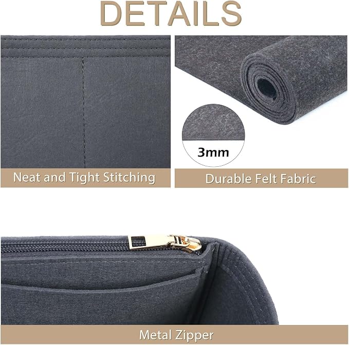 Surblue Purse Organizer Insert for Handbags, Felt Bag Organizer with Zippers Handbag Shaper Pouch for Classic 19 Flap Bag, Marmont, Onthego,（Grey, Slender M）