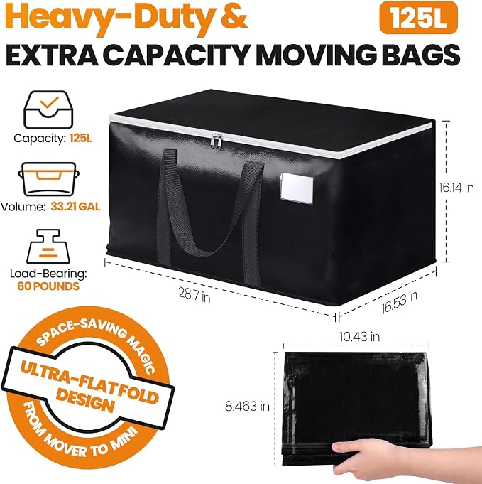 StoreHappily Heavy-Duty & Extra Capacity Moving Bags with Backpack Straps, Storage Totes with Double Zipper & Strong Handles, Packing Bags Alternative to Moving Boxes, Moving Supplies (10 Pack, Black)