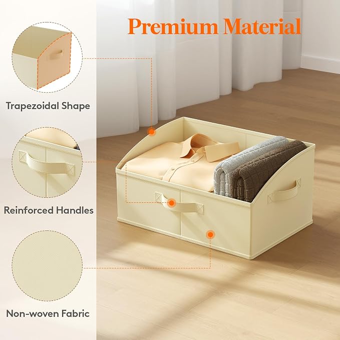 Lifewit Trapezoid Closet Storage Bins for Shelf, 6 Packs Non-woven Closet Organizer Baskets with Handles, Foldable Clothes Containers Boxes for Clothing, Book, Purse, 19L, Large, Beige
