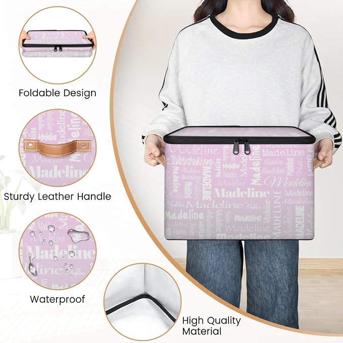 Custom Storage Basket with Name, Personalized Keepsake Box with Zipper Lid, Foldable Fabric Memory Bin Large capacity with Handle Grey Pink Gradient