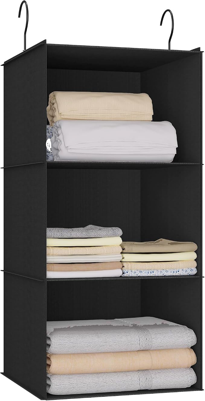 Hanging Closet Organizer 3-Shelf, Oxford Fabric Wardrobe Storage, Black | Easy-mount foldable design holds clothes, handbags, shoes & accessories; washable Oxford fabric, sturdy and space-saving.