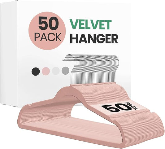 InfiniPower 50 Pack Velvet Hangers, Heavy Duty Clothes Hangers for Coat, Pants & Dress, Non-Slip Hanger Set with Shoulder Notches, 360° Swivel Hook, Space Saving, Pink