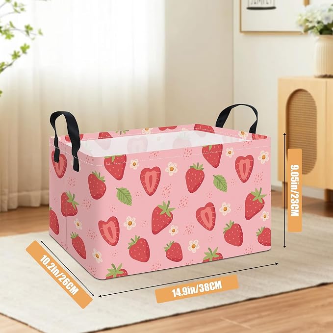 Rectangular Collapsible Storage Basket Toy Organizer Flower Strawberry | Storage Bin Foldable Canvas with Handles for Organizing Home Kitchen Children Toys Office Closet Shelf Baskets