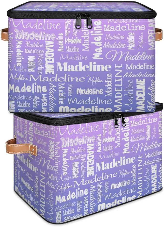 Custom Storage Basket with Name, Personalized Keepsake Box with Zipper Lid, Foldable Fabric Memory Bin Large capacity with Handle Purple