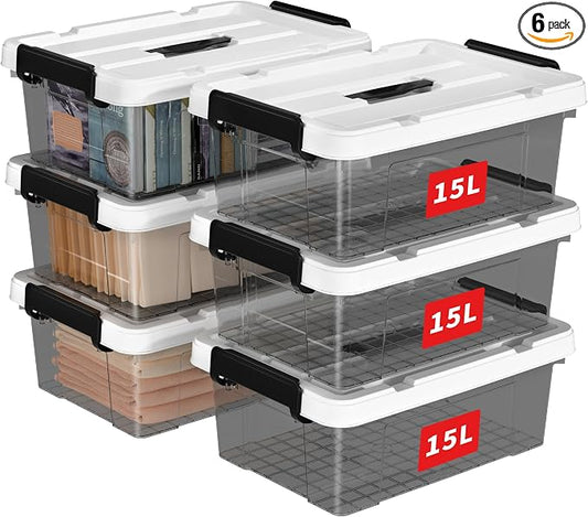 Cetomo Lidded Storage Bin with Handle, Tote Organizing Container with Durable Lid and Secure Latching Buckles, Stackable and Nestable, Plastic, 16 Quart-6 Pack, Clear Black