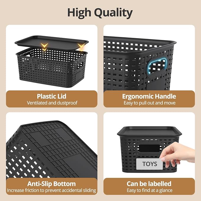 Plastic Storage Basket with Lid, Stackable Small Box Bins for Organizing and Containers for Shelves Drawers Desktop Closet Playroom Pantry Classroom Office Home, 8 Pack 10.2x7.2x4.1 Inch, Black