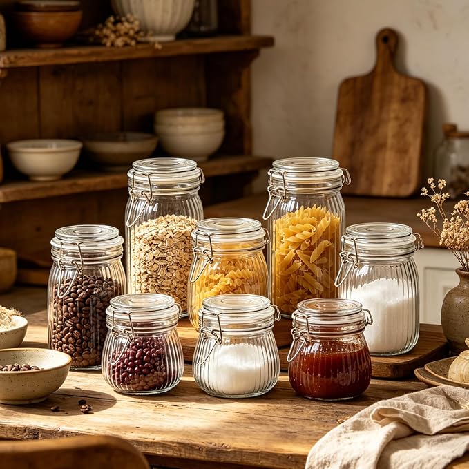 ComSaf 6-Pack 17oz Ribbed Glass Storage Jars with Airtight Clamp Lids, Decorative Wide Mouth Pint Canisters for Jam, Spices, Nuts, Coffee Beans, Snacks, Honey - Kitchen Pantry and Drawer Organization