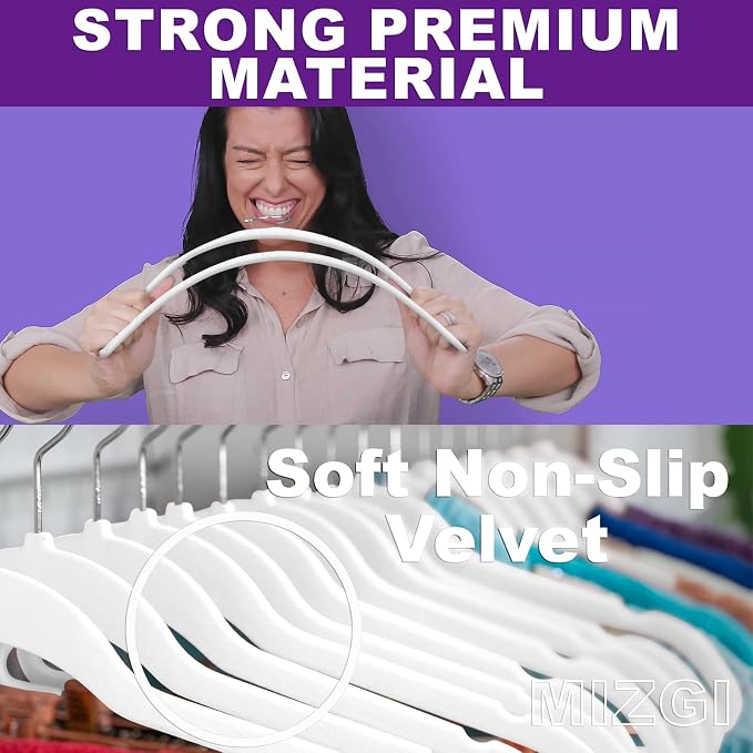 MIZGI Premium Velvet Hangers (50 Pack) - Heavyduty Non Slip Felt Suit Hangers - White Chrome Hooks, Space Saving