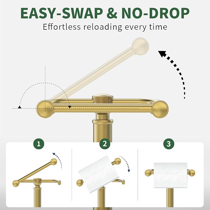 Toilet Paper Holder Stand,Free Standing Toilet Paper Holder,Modern Post Pivoting Toilet Paper Stand with Stable Weighted Base,SUS304 Stainless Steel Tissue Roll Holder Stand for Bathroom,Brushed Gold