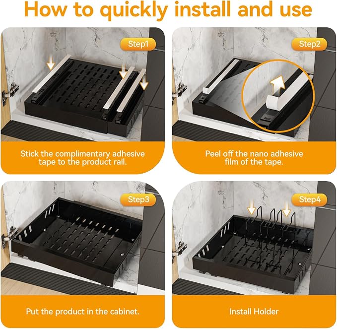 2 Pack Expandable Pull Out Cabinet Organizer Adhesive, 21" Deep Slide Out Drawers for Kitchen Cabinets,With 8pcs Divider Racks For Kitchen Pantry Organization Adjustable Width 12.6"-20.9"