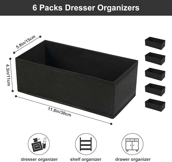 6 Pack Dresser Organizers - Drawer Organizers for Clothing & Baby, Woven-Fabric Storage Drawers (Black