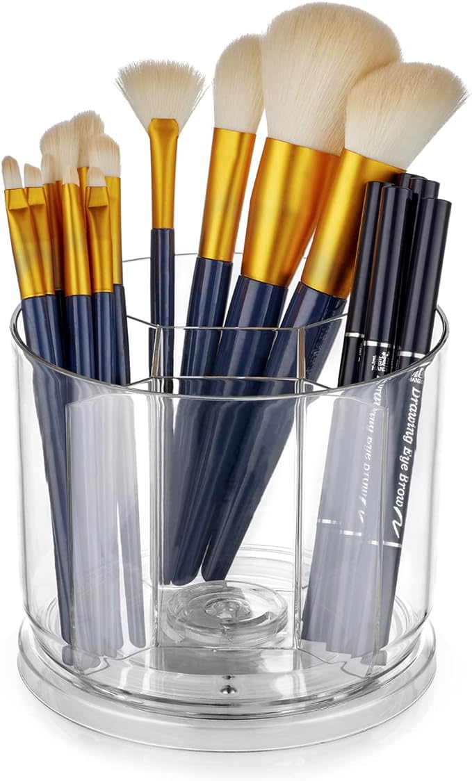 Makeup Brush Holder Organizer, Rotating Makeup Organizer for Vanity | Rotating 360° Clear Storage Cup Containers, Spinning Pen Holder for Desk, Round Make up Brush Stand with 5 Slots (Clear)