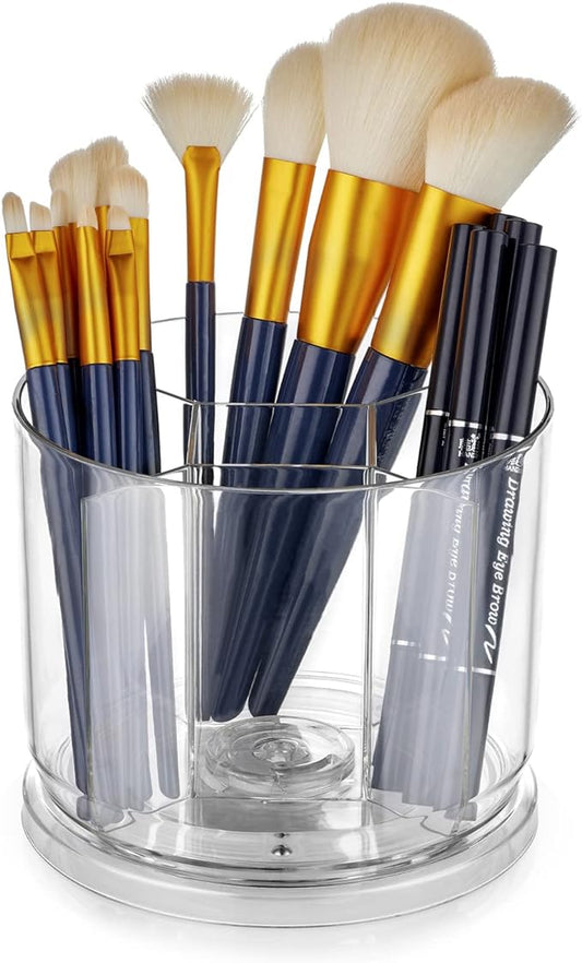 Makeup Brush Holder Organizer, Rotating Makeup Organizer for Vanity | Rotating 360° Clear Storage Cup Containers, Spinning Pen Holder for Desk, Round Make up Brush Stand with 5 Slots (Clear)