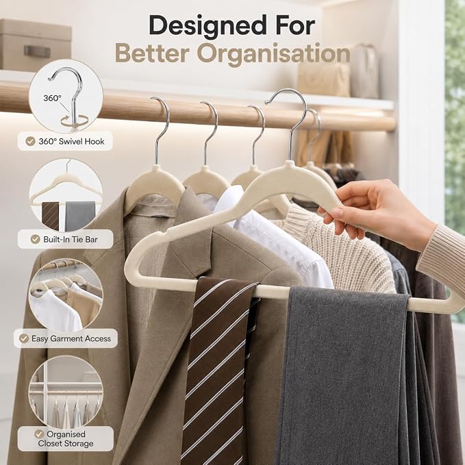 1ABOVE Premium Quality 20 Pack Non-Slip Velvet Hangers (44cm) Heavy Duty Velvet Suit Hangers with Tie Bar, 360° Swivel Hooks – Space Saving, Sturdy to Hold Jacket, Jumper & Pullover(Set of 20-Ivory)