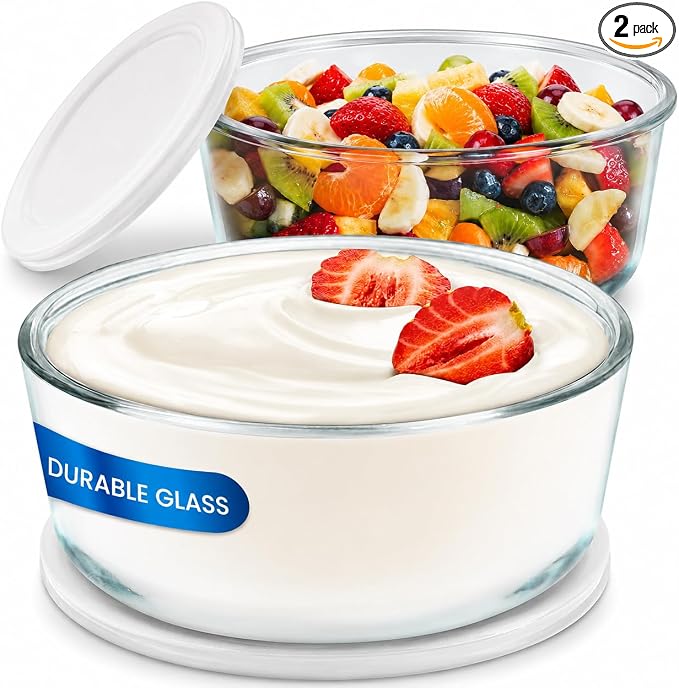 Ultimate Yogurt Containers 2 Pack, Make More Yogurt with 1-Quart Glass Containers (4 Cup), 100% BPA Free, Durable & Oven Safe Round Bowl Set with Lids, Perfect for Food Storage & Meal Prep