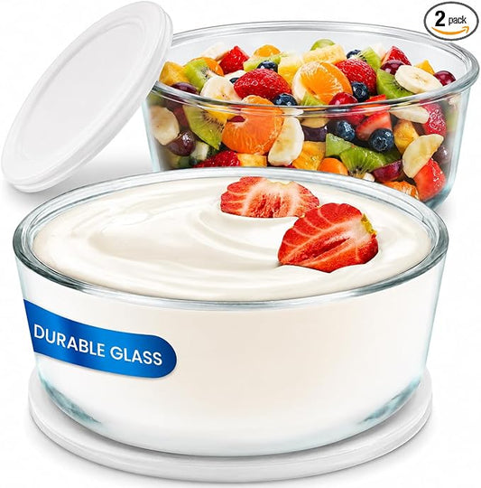 Ultimate Yogurt Containers 2 Pack, Make More Yogurt with 1-Quart Glass Containers (4 Cup), 100% BPA Free, Durable & Oven Safe Round Bowl Set with Lids, Perfect for Food Storage & Meal Prep