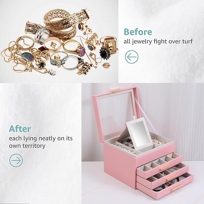BOOVO Clear Lid Jewelry Box,3 Layers Jewelry Organizer Large Jewelry Storage Box with 2 Drawers,Jewelry Holder Organzier of Rings Earrings Necklace Bracelets for Women (Pink, 4 Layer)