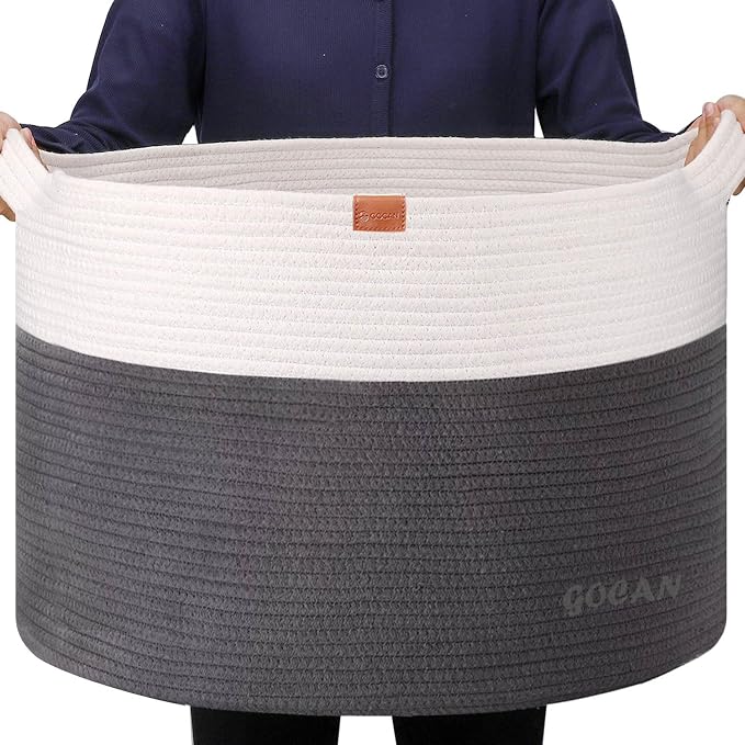 GOCAN Extra Large Laundry Basket toy storage 22"X22"X14" blanket basket Cotton Rope Woven Baskets with Handles for Living Room (Grey/Beige) XXXL
