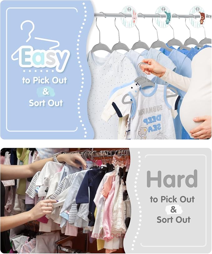 VIS'V Velvet Baby Hangers with 6 Pcs Size Dividers, 11 Inch, Gray, 50 Pcs | Compact Size, Non Slip, Infant Toddler Nursery Closet Organization