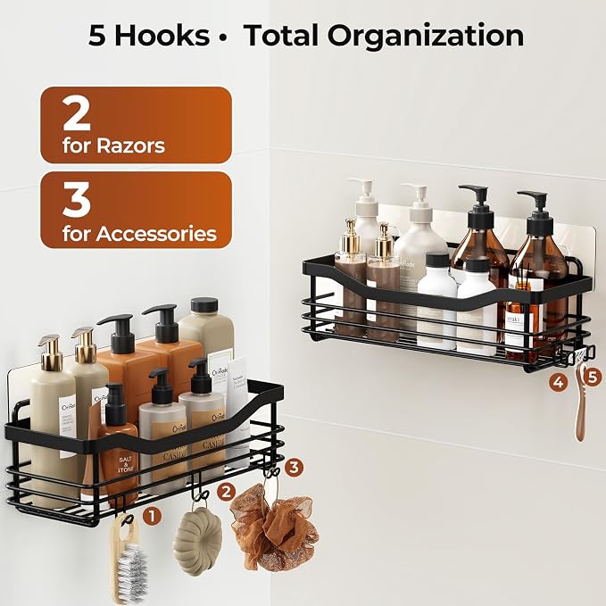 Orimade Shower Caddy Basket Shelf,3-Pack Adhesive Shower Organizer with Soap Dish Holder, No Drilling Wall Mounted Rustproof Stainless Steel Shower Shelves with 7 Hooks,for Bathroom,Matt Black