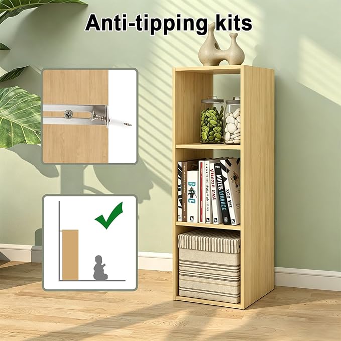 3 Cube Shelf with Anti-Tipping Kits + Reversible Open Back Bookcase, Multi Layer and Multi Grid Partition Layout (Oak 11in)