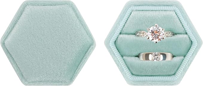 DesignSter Hexagon Velvet Ring Box - Premium Gorgeous Vintage Double Ring Display Holder with Detachable Lid for Proposal, Engagement, Wedding, Ceremony (Mint green)