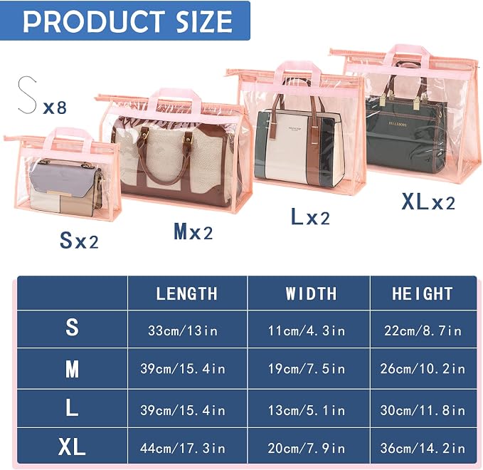 Handbag Dust Bags Clear Purse Storage Organizer for Closet Small to Extra Large Handbags Dust Free Bags Hanging Zipper Storage Bag with Hooks, (Pink, 4 Sizes-8PCS)