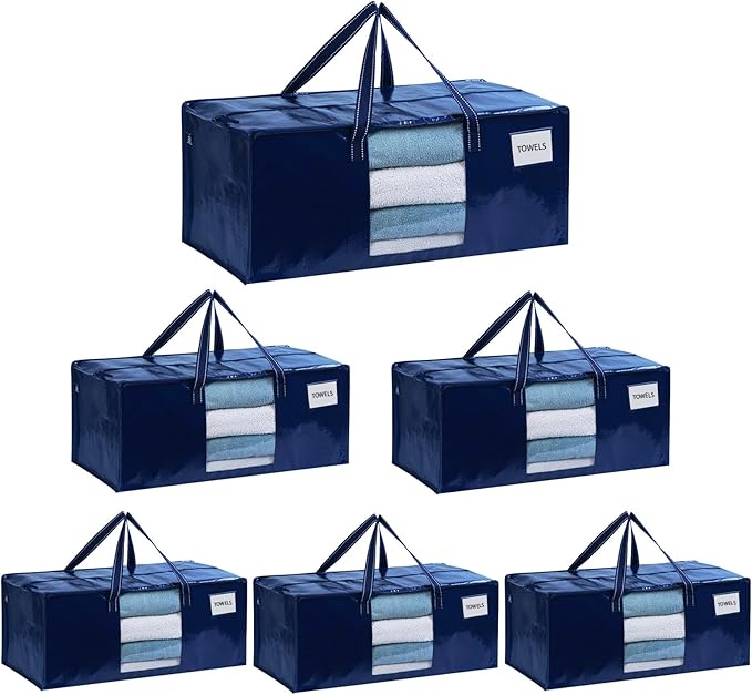VENO 6 Pack Heavy Duty Moving Bags, Packing Bags with Clear Window, Alternative to Moving Boxes, Storage Bins for Clothes, Blankets, Comforters, College Dorm Essentials (Blue, 6 Pack)
