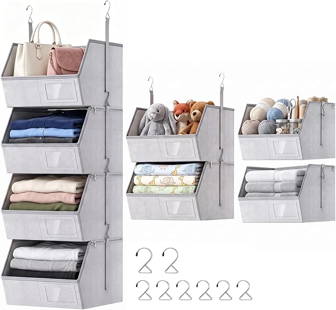 4-Tier Hanging Closet Organizer, Detachable Hanging Storage Shelves with Reinforced Side Panels, Hanging Closet Organizer for Clothes, Sweaters, Towels, Socks & Accessories, Gray