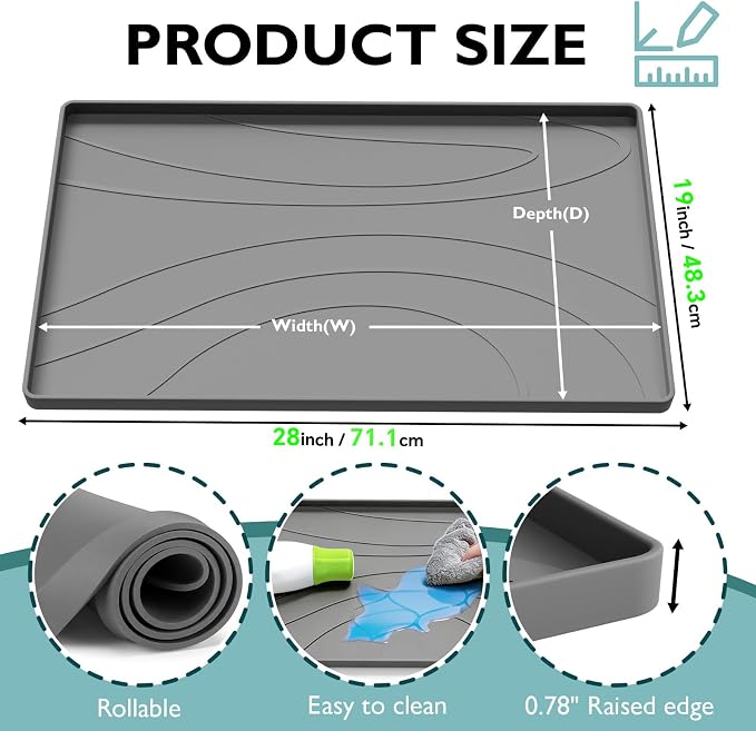 Under Sink Mat 28" x 19", Silicone Under Sink Liner for Kitchen and Bathroom, Waterproof Cabinet Protector Drip Tray, Protects Cabinets from Leaks and Spills