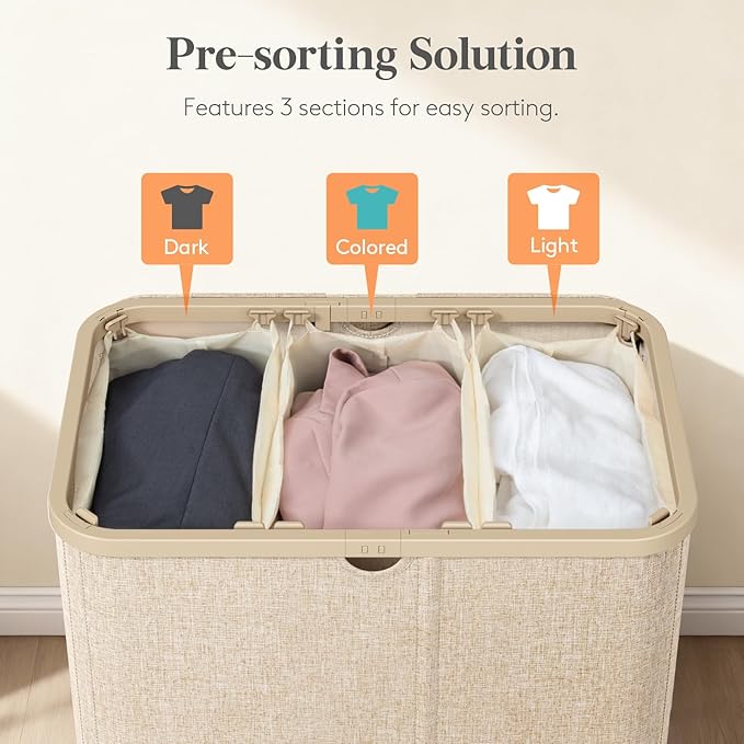 Lifewit 165L 3 Section Laundry Hamper with Lid, Large Laundry Basket with Handles and Removable Bags, Tall Clothes Hamper, Foldable Laundry Sorter for Bedroom Bathroom, Beige