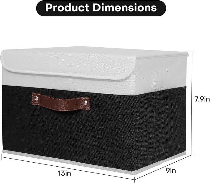 ANMINY Storage Boxes with Lids Washable Decorative Storage Bins Basket with PU Leather Handle Foldable Linen Fabric Storage Cubes Containers for Home Closet Organizer - Black White, Medium