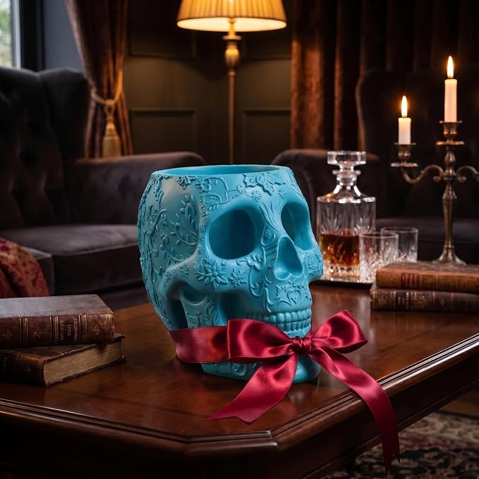 Skull Makeup Brush Holder, Pen Holder, Vanity, Desk, Office Organizer, Stationary, Decor Planter, Candy Bowl, Goth Decorations, Extra Large, Skulls Gothic Skull & Bones Organizer Bathroom (Blue)