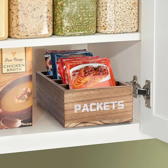 BSTKEY Seasoning Packet Organizer, Food Packet Storage Organizer with 4 Compartments, Wooden Storage Caddy for Kitchen Pantry Cabinet, Farmhouse Kitchen Organization Bin for Snacks Spice Packets