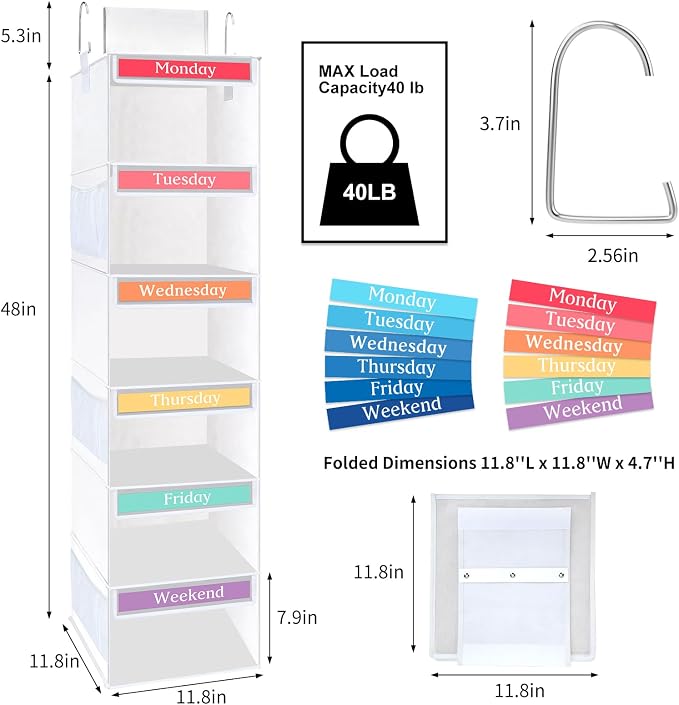 Fixwal Weekly Kids Clothes Organizer 6-Shelf Hanging Closet Storage White